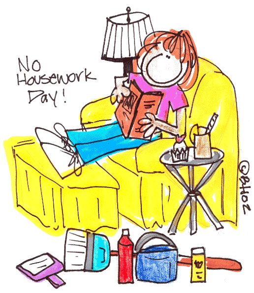 Cartoon image of a woman sitting with her feet up reading a book with cleaning supplies sitting along side unused.